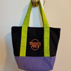 Trader Joe's Black and Purple Tote Bag with Green Handles